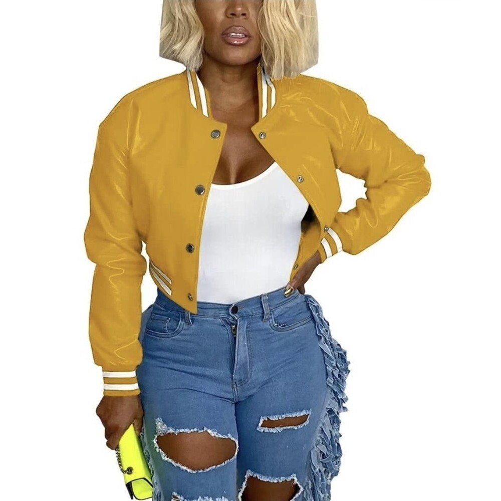 Crop Faux Leather Varsity Bomber Letterman Women Sleev Yellow Jacket Streetwear